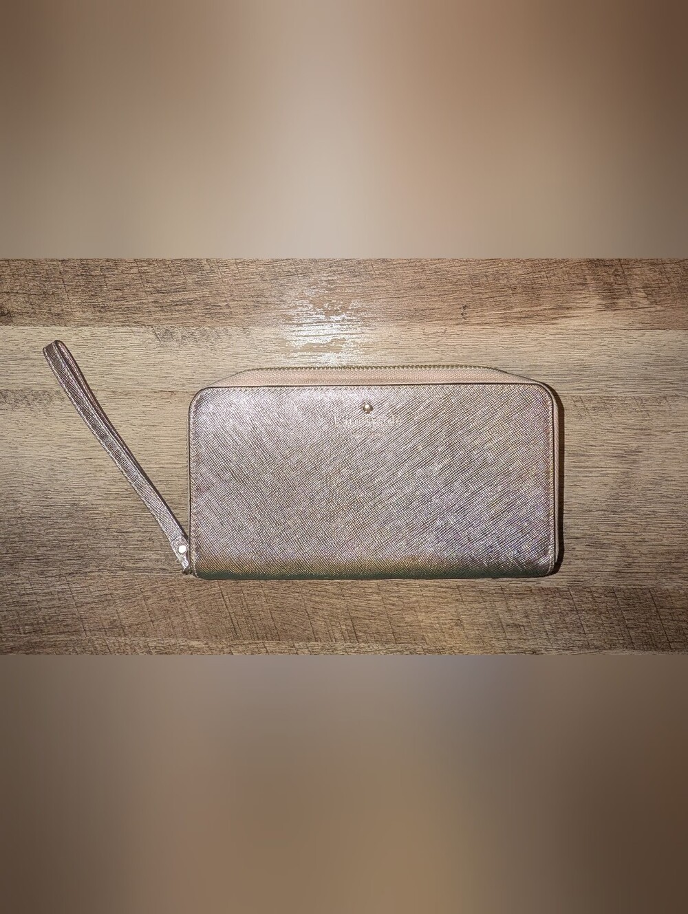 Kate Spade Metallic Rose Gold Zip Wallet With Storybook Lining